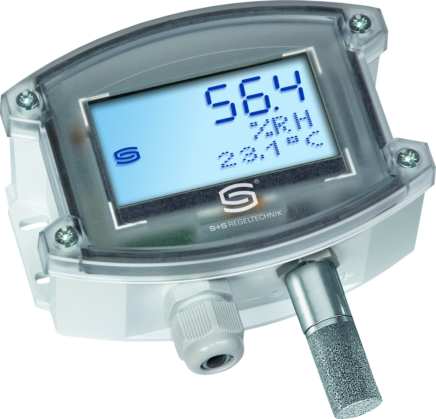HYGRASGARD AFTF-I LCD, mit geöffneter Abdeckung, mit Metall-Sinterfilter - S+S Regeltechnik