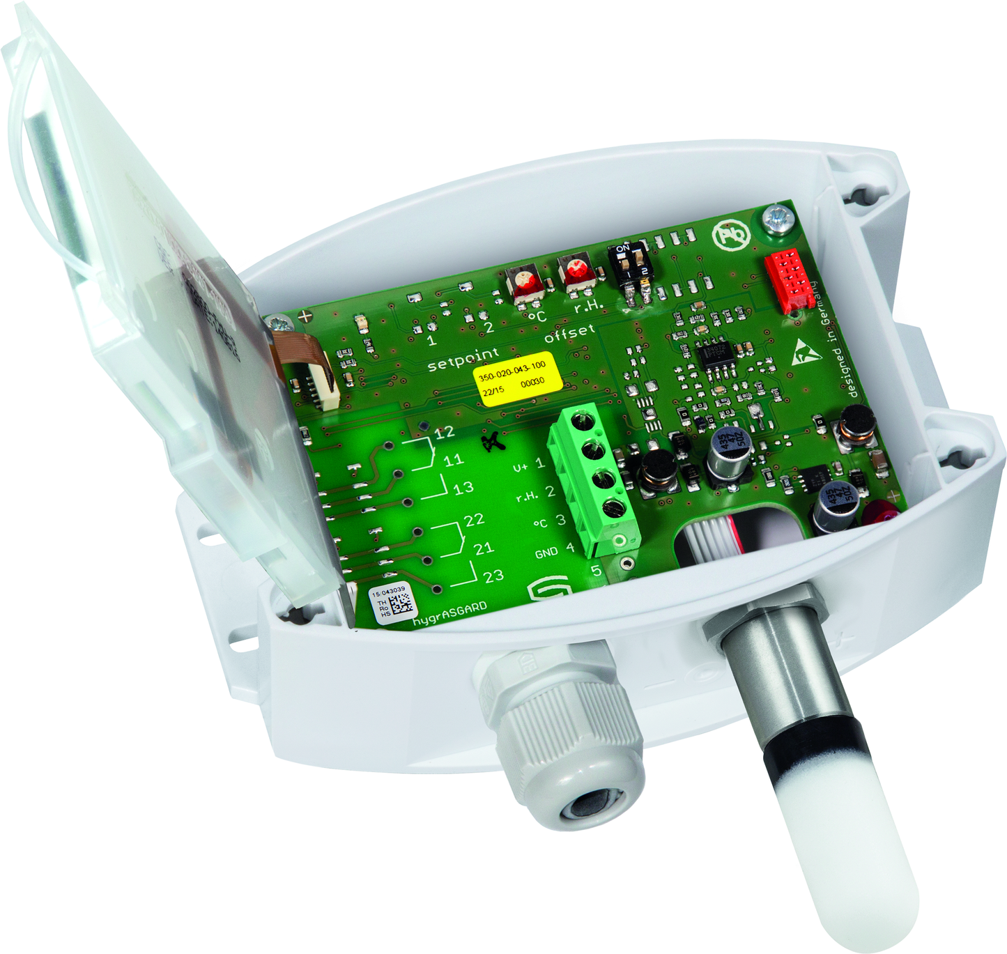 HYGRASGARD AFF-U LCD, mit geöffneter Abdeckung und LCD-Anzeige, mit Kunststoff-Sinterfilter - S+S Regeltechnik