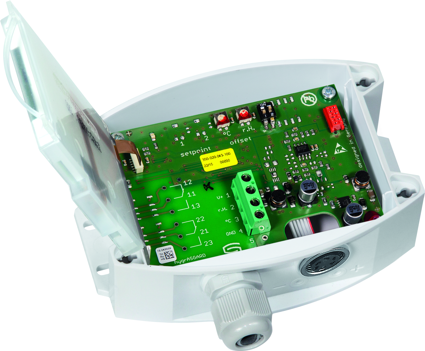 HYGRASGARD AFF-25-U LCD, mit geöffneter Abdeckung und LCD-Anzeige, mit Sinterfilter - S+S Regeltechnik