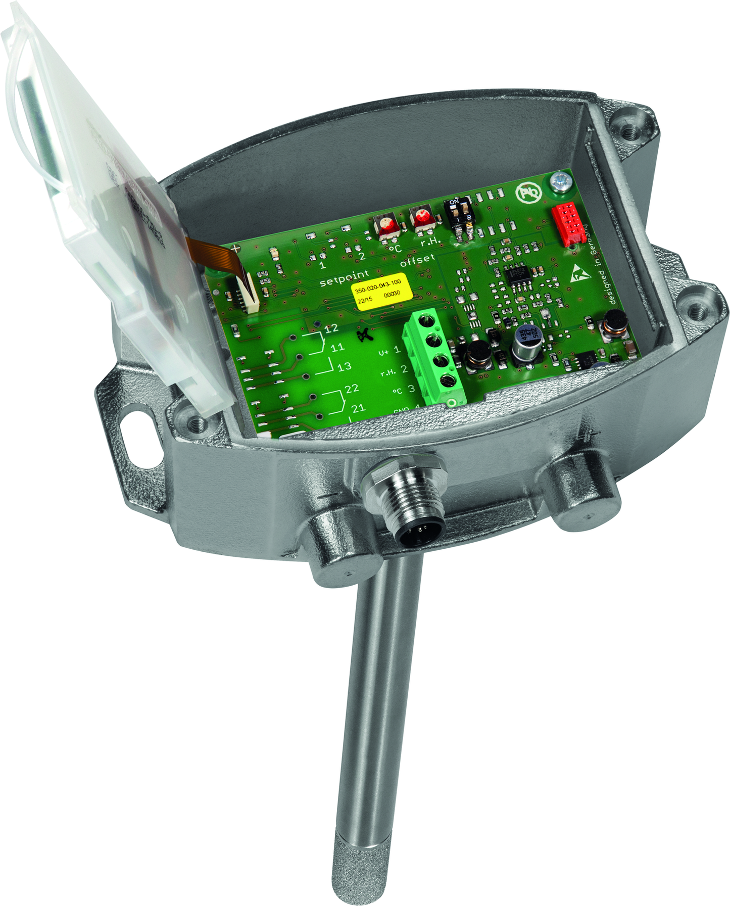 HYGRASGARD KFTF-20-I VAQ LCD, mit geöffneter Abdeckung und LCD-Anzeige, mit Metall-Sinterfilter - S+S Regeltechnik
