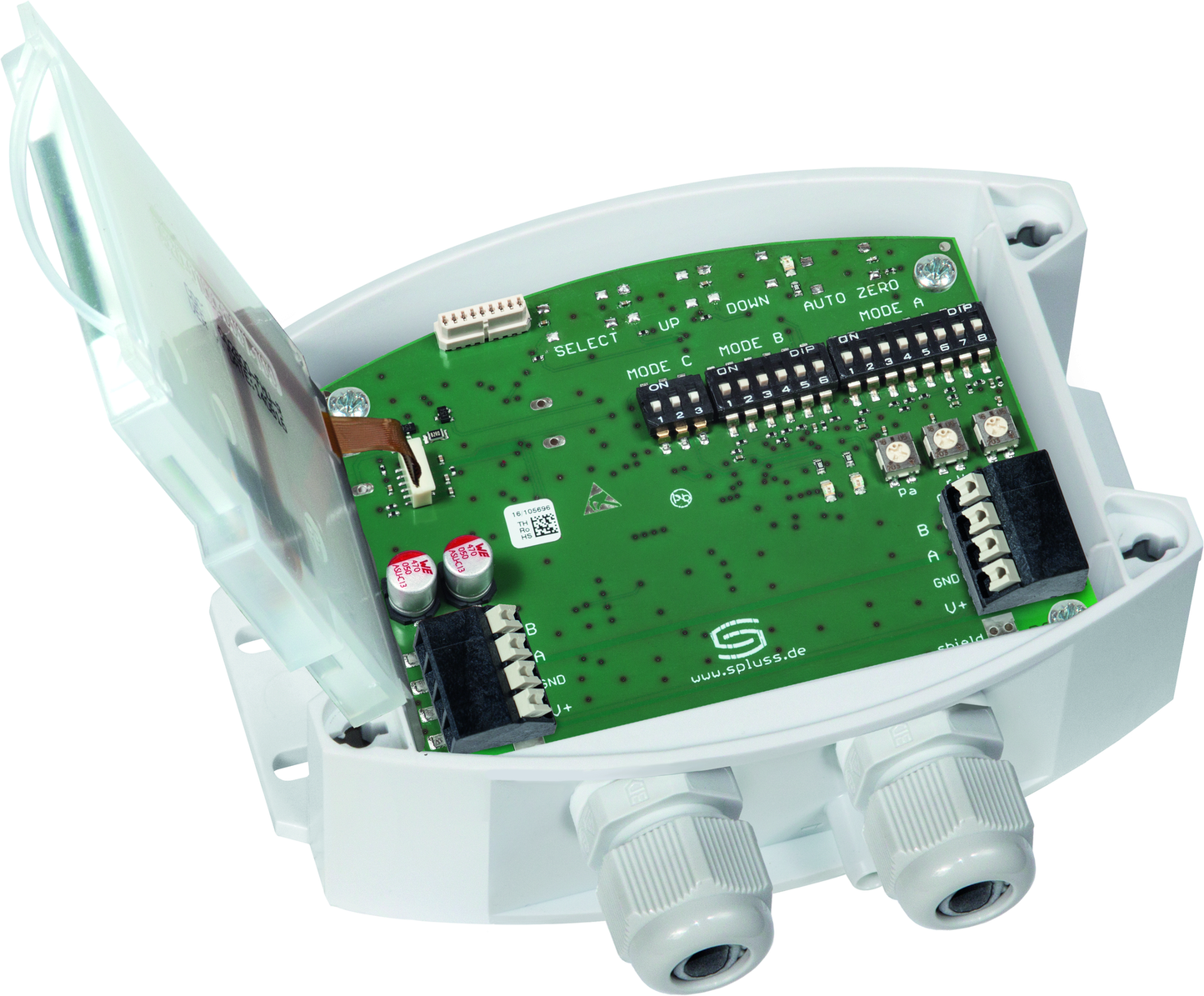 PREMASGARD 7148-Modbus LCD, mit geöffneter Abdeckung und LCD-Anzeige - S+S Regeltechnik