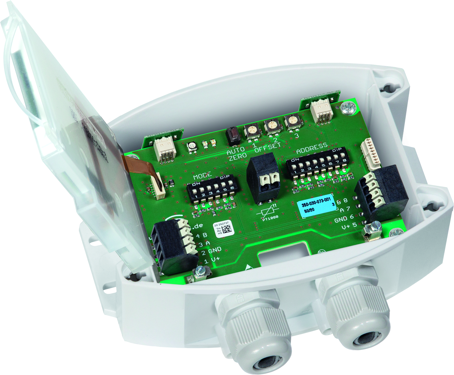 PREMASGARD 7247T-Modbus LCD, mit geöffneter Abdeckung und LCD-Anzeige - S+S Regeltechnik
