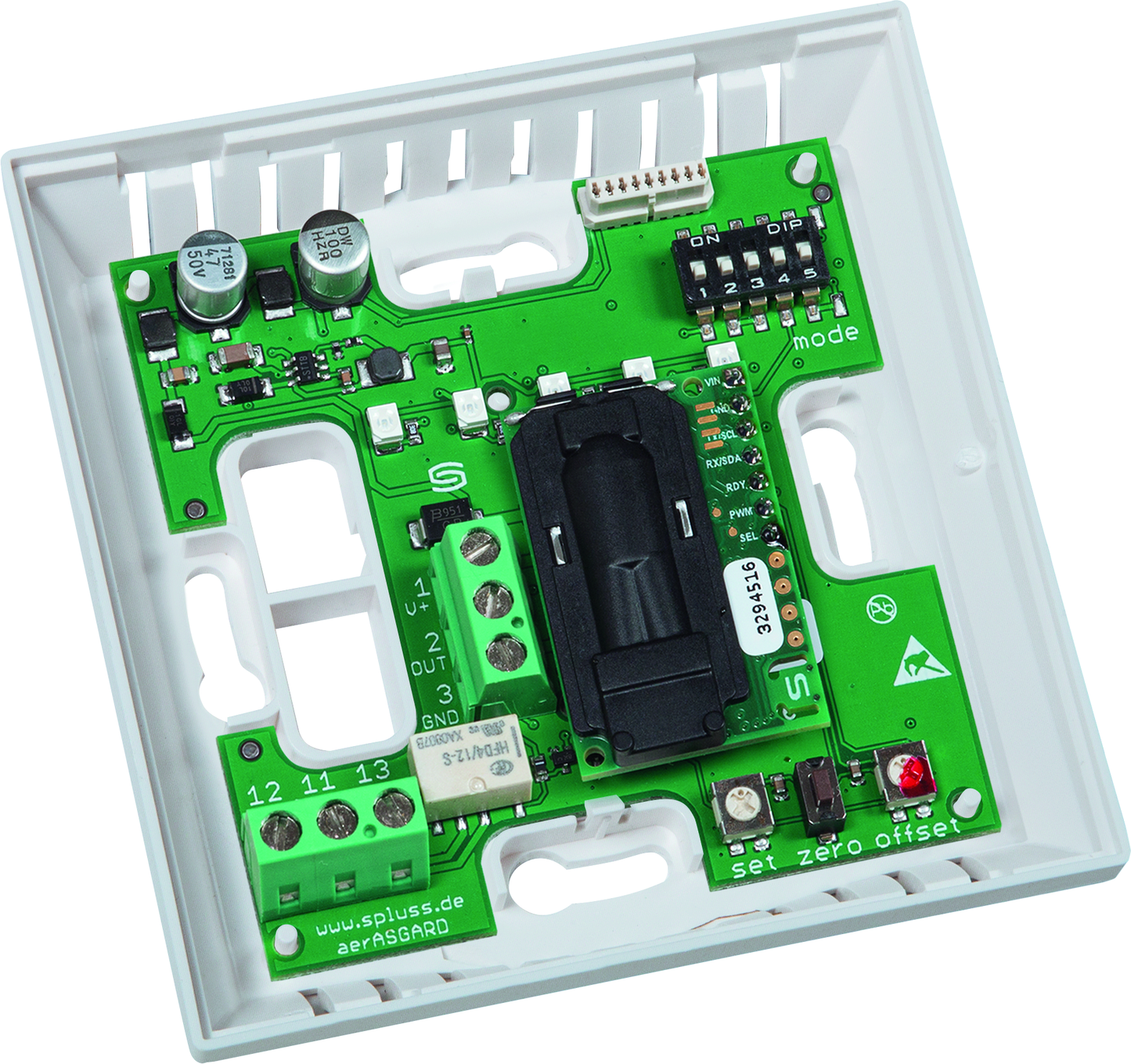 AERASGARD RCO2-W, mit geöffneter Abdeckung und sichtbarer Platine, mit Sinterfilter - S+S Regeltechnik