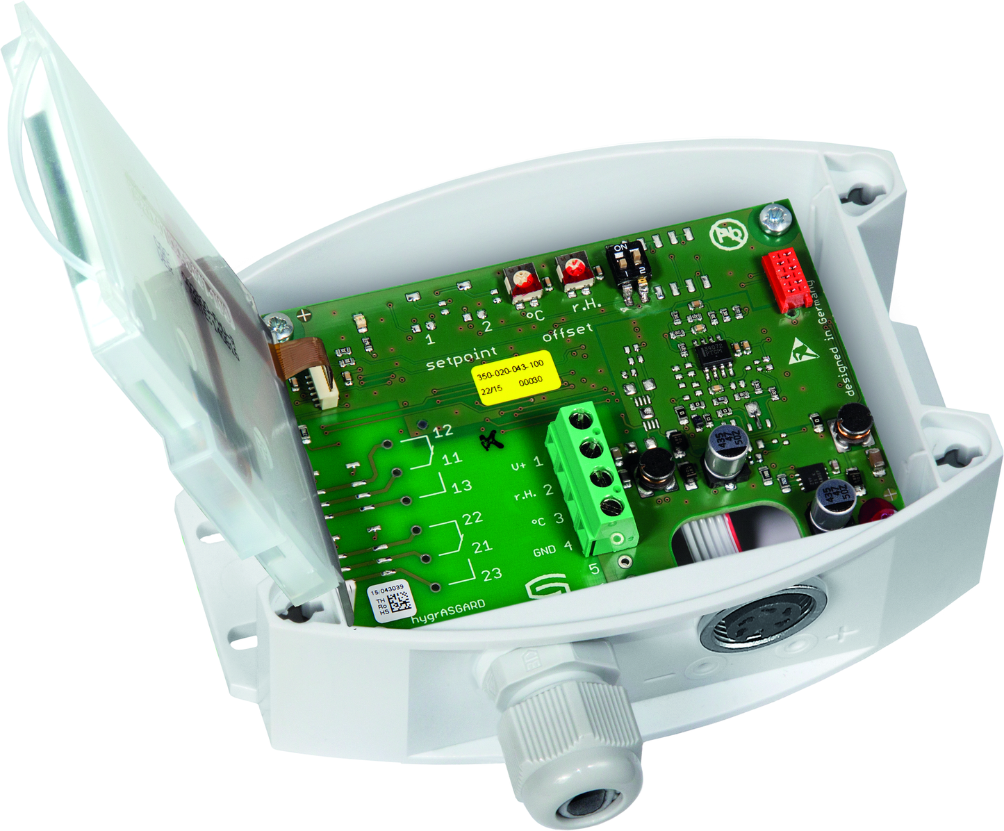 HYGRASGARD RPFTF-25-I LCD, mit geöffneter Abdeckung und LCD-Anzeige, mit Sinterfilter - S+S Regeltechnik