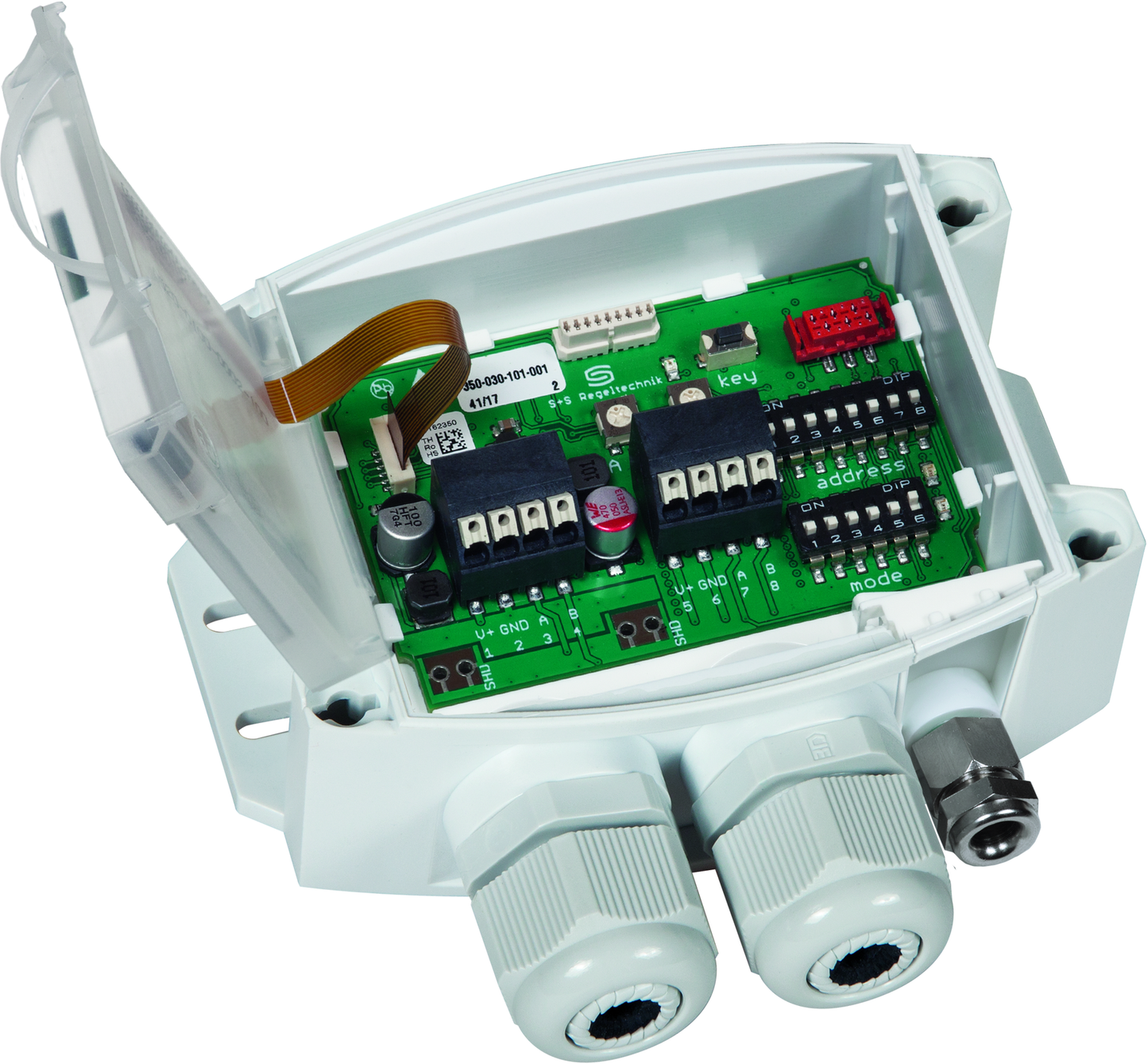 THERMASGARD RPTM2-Modbus-T3 LCD, mit geöffneter Abdeckung und LCD-Anzeige - S+S Regeltechnik