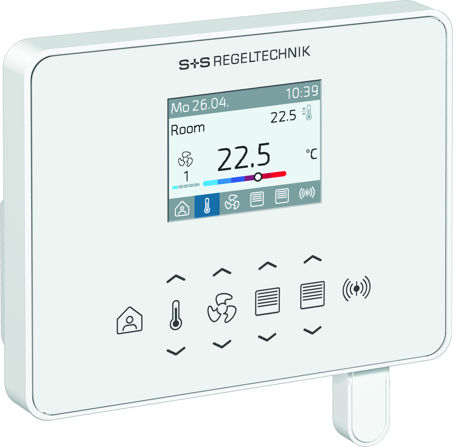 RYMASKON® RYM 1441C-RH-CO2-VOC-WMOD-BB room control device displaying temperature settings.
