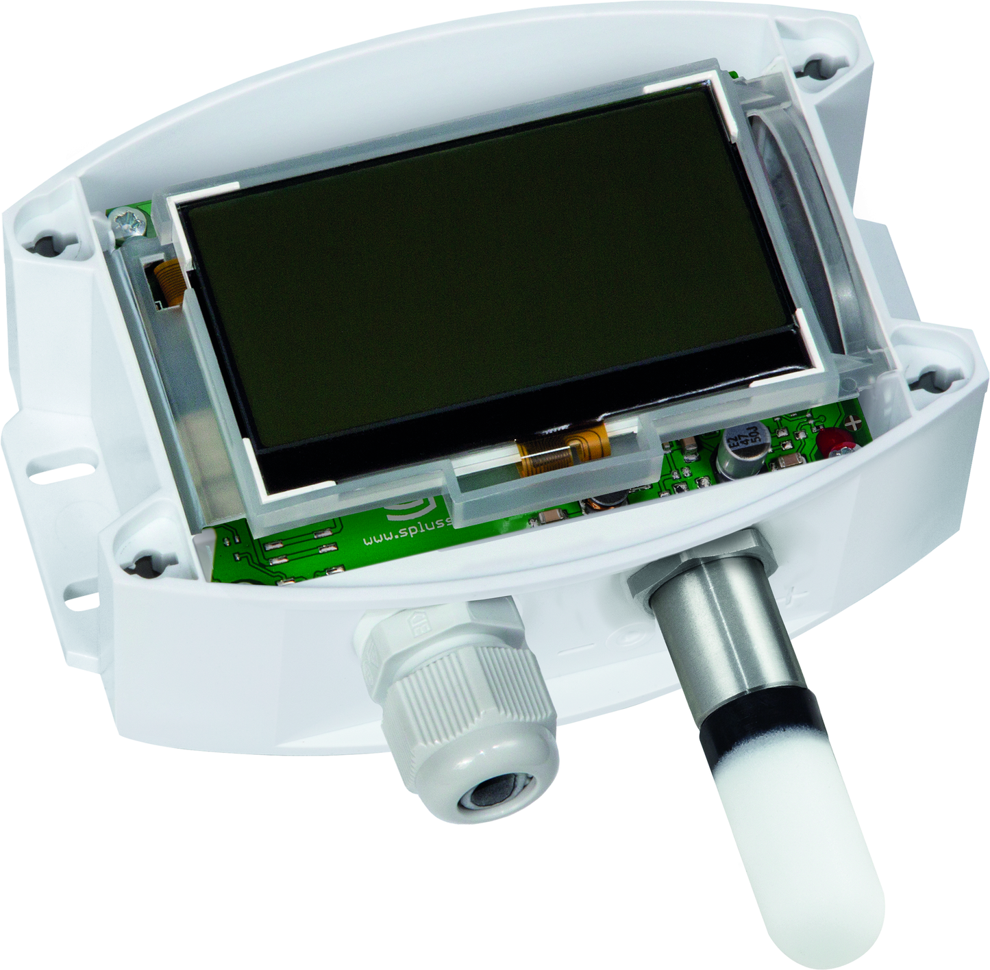 HYGRASGARD AFF-I LCD, mit geöffneter Abdeckung, mit Kunststoff-Sinterfilter - S+S Regeltechnik