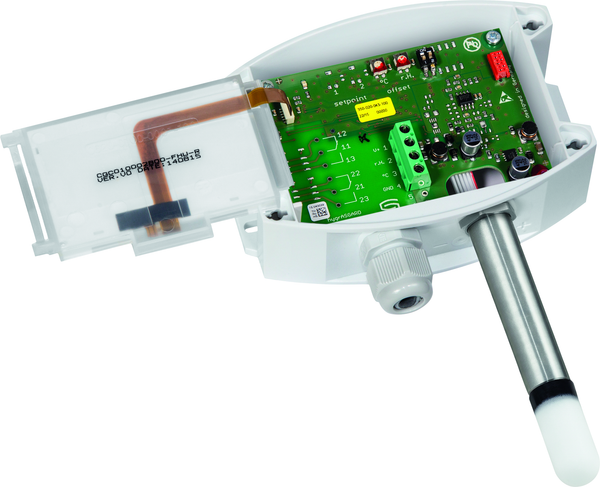 HYGRASGARD AFF-20-I LCD, mit geöffneter Abdeckung und LCD-Anzeige, mit Kunststoff-Sinterfilter - S+S Regeltechnik