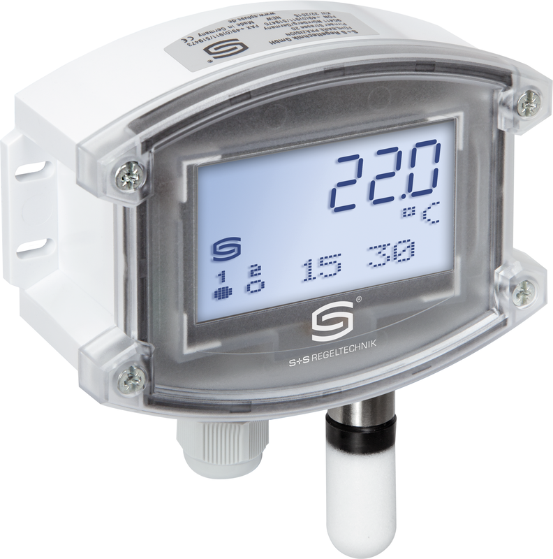 Aufputz-Hygrothermostat mit weißem Schutzrohr in Frontalansicht