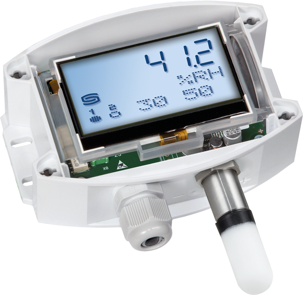 Aufputz-Hygrothermostat mit geöffnetem Gehäuse und sichtbarer Platine