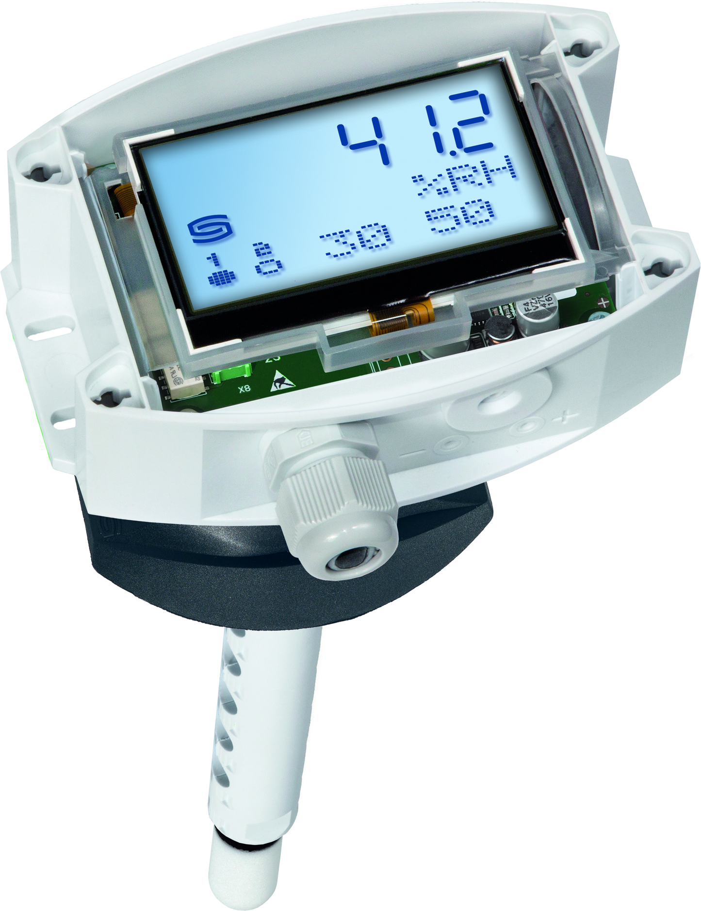 HYGRASREG KHT-30W-I LCD, mit geöffneter Abdeckung - S+S Regeltechnik