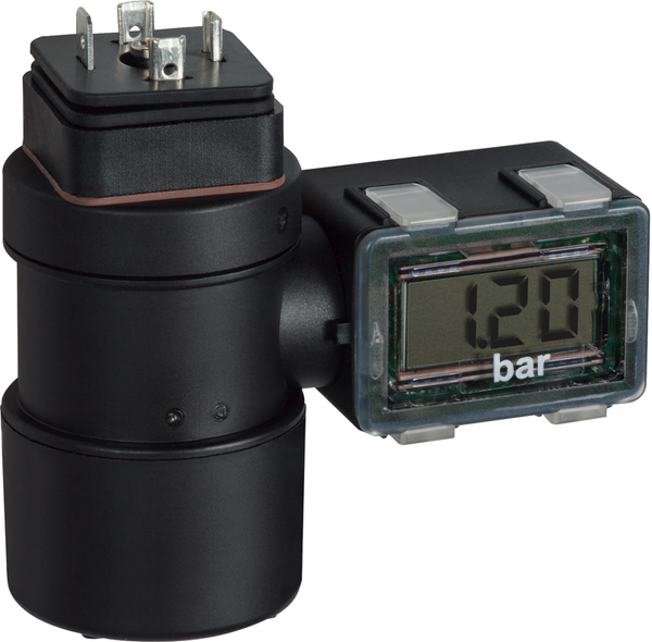 Druckmessumformer mit Display und elektrischem Anschlussstecker oben