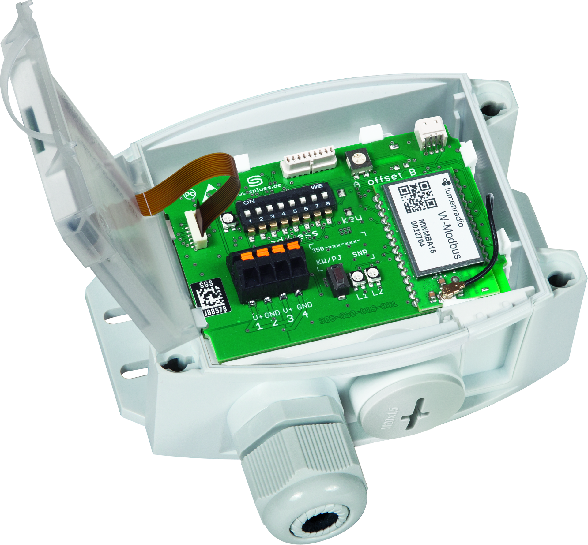 THERMASGARD MWTM-wModbus 6M LCD, mit geöffneter Abdeckung und LCD-Anzeige - S+S Regeltechnik