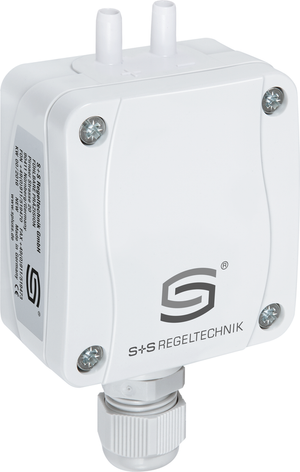 Differenzdrucksensor in Gesamtansicht mit geschlossenem Gehäuse und zwei Druckanschlüssen