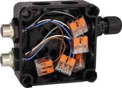 Verteilerbox - 2 RS485-Teilnehmern je Port (1-4) an powerIO®-Box, 2x M12-Buchse Power IO-Y-Verteiler Box - S+S Regeltechnik